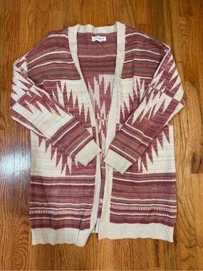 Lucky Brand Cream and Mauve Aztec Open-Front Cardigan